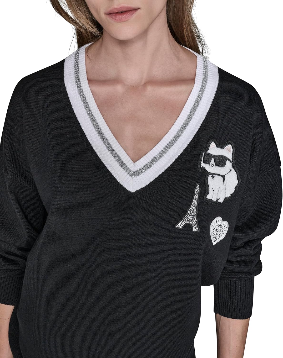 KARL LAGERFELD womens Long Sleeve V-neck Whimsy Patches Sweater - Image 4