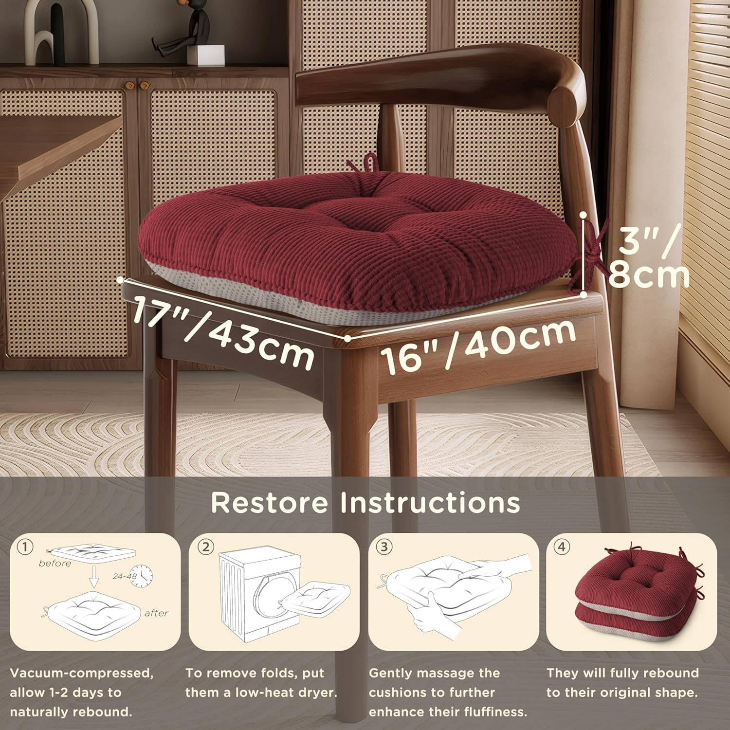 Indoor Dining Chair Cushions Set of 2 Kitchen Chair Pads with Ties Tufted Seat Cushion with Anti-Slip Backing 17"X16"X3" Red