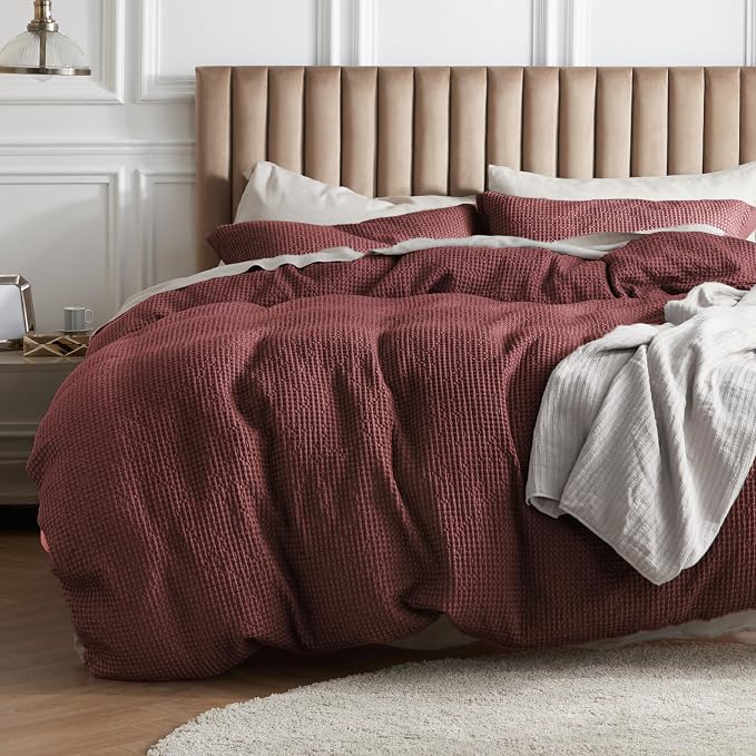 Bedsure Cotton Duvet Cover Queen - 100% Cotton Waffle Weave Bright White Duvet Cover Queen Size, GentleSoft™ and Breathable Bedding Set for All Season, 3 Pieces, 90"x90"