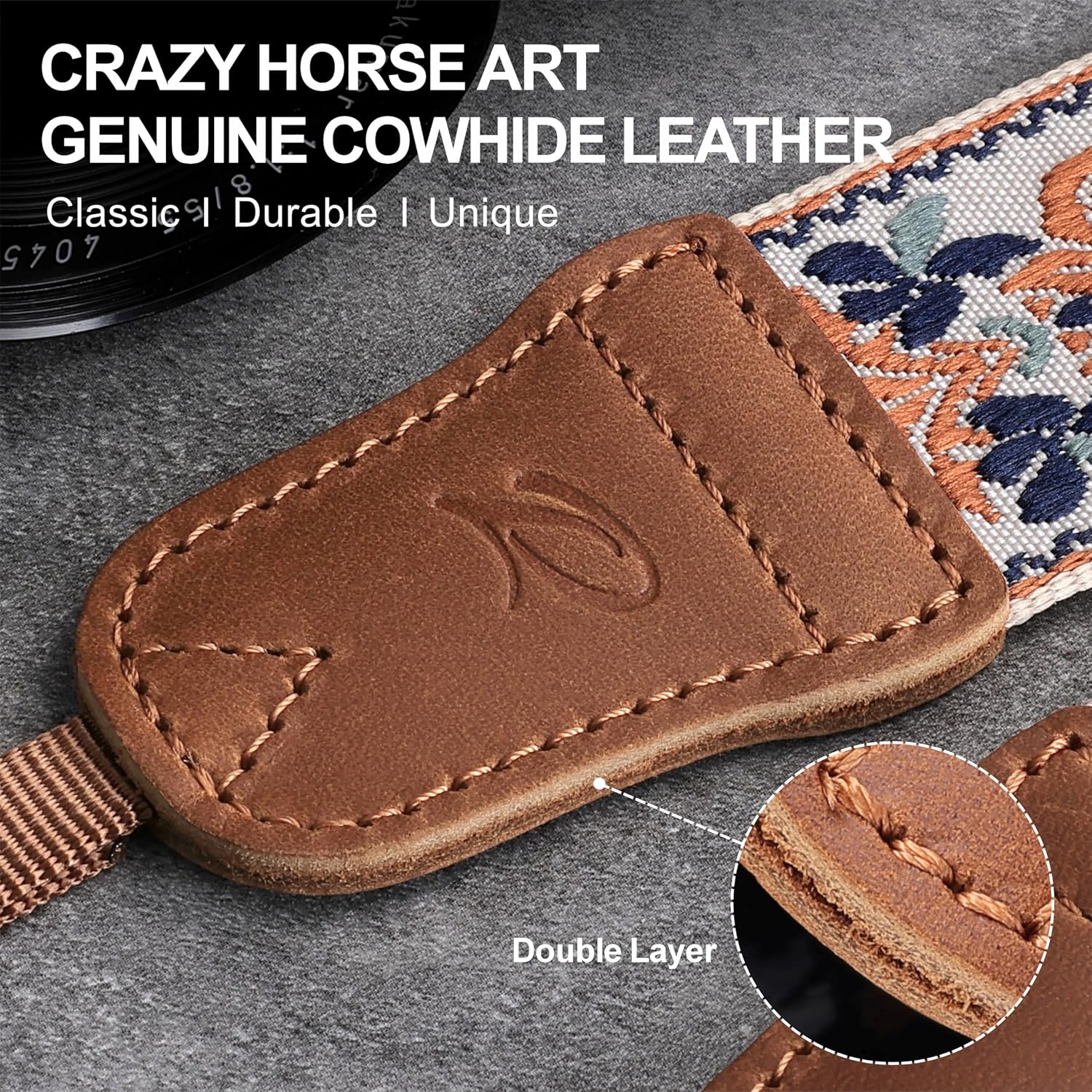 Padwa Lifestyle Camera Strap - 1.5" Crazy Horse Cowhide Head Cotton Strap,Vintage Embroidery Camera Straps for Photographers and All Cameras,Cute Adjustable Shoulder Neck Strap for Adults & Kids