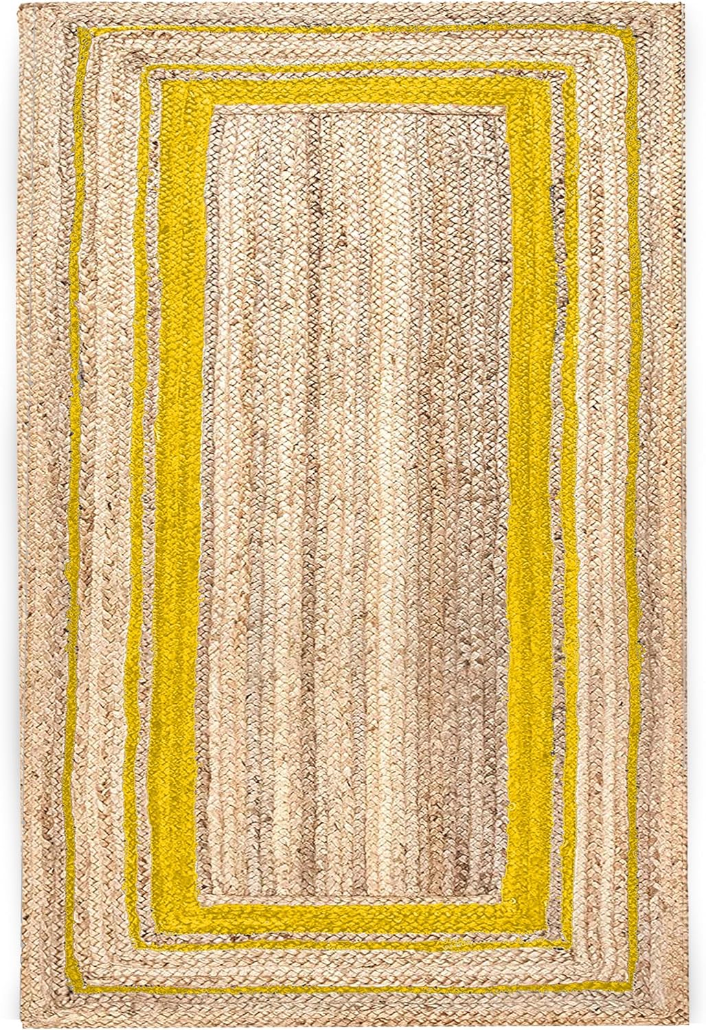 Area Jute Rug for Living Room 12x15 Hand Braided Boho Rug Thick 0.27" Geometric Yellow Rikki-Border Rugs for Farmhouse Design, Bedroom, Dining Area, Home Decor Carpet