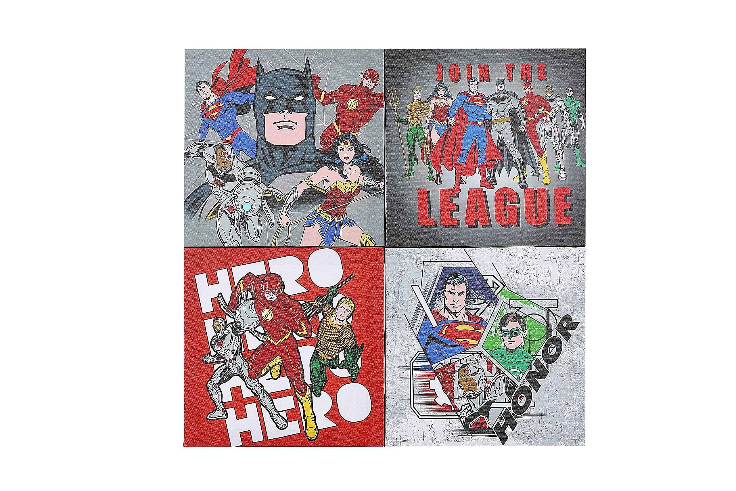 Justice League Officially Licensed Canvas Wall Art – 4-Piece DC Comics Poster Decor Featuring Batman, Superman, Wonder Woman, Aquaman, The Flash, Green Lantern & Cyborg, 20" x 20" Stretched Canvas, Ready to Hang for Bedroom, Living Room, Hallway, or Office – POP Creations