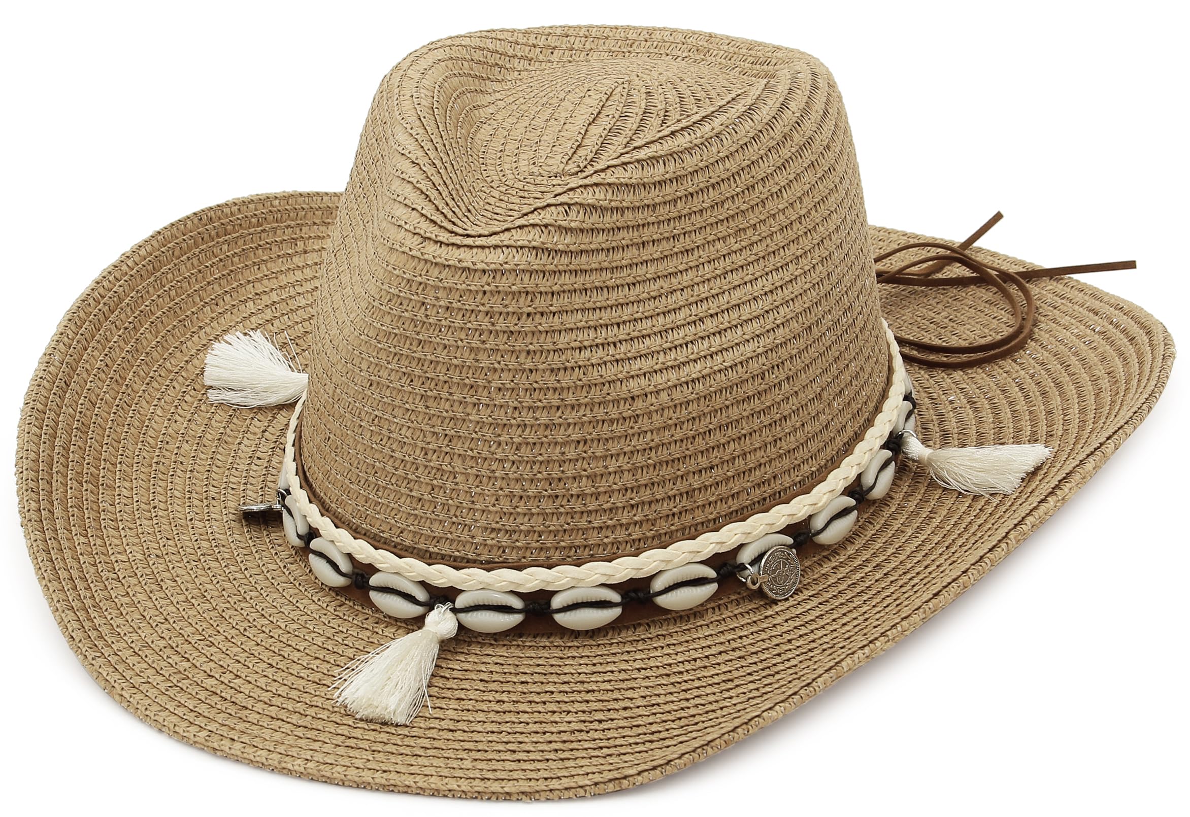 GEMVIE Sombreros de Paja para Mujer Sombrero de Sol Gorra de Playa con Cinta de Concha + UPF50 Ajustable y Empacable Mujer Sombrero de Verano Fedora Trilby