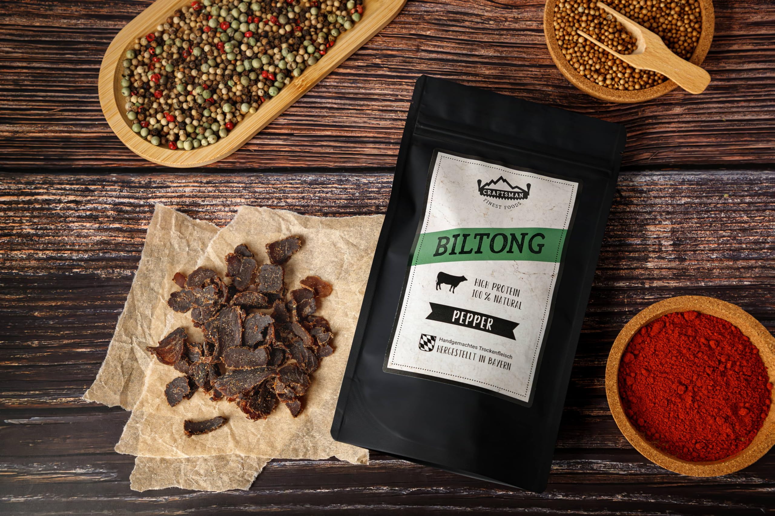 Craftsman Biltong Trockenfleisch Probierpack 200g (4x50g) natürlich Mix Set | 100% natürlich, Beef Jerky Mix aus Deutschland - Bayern, Ohne Zucker, Original, Chili, Pepper, Herbs, Rezept aus Namibia