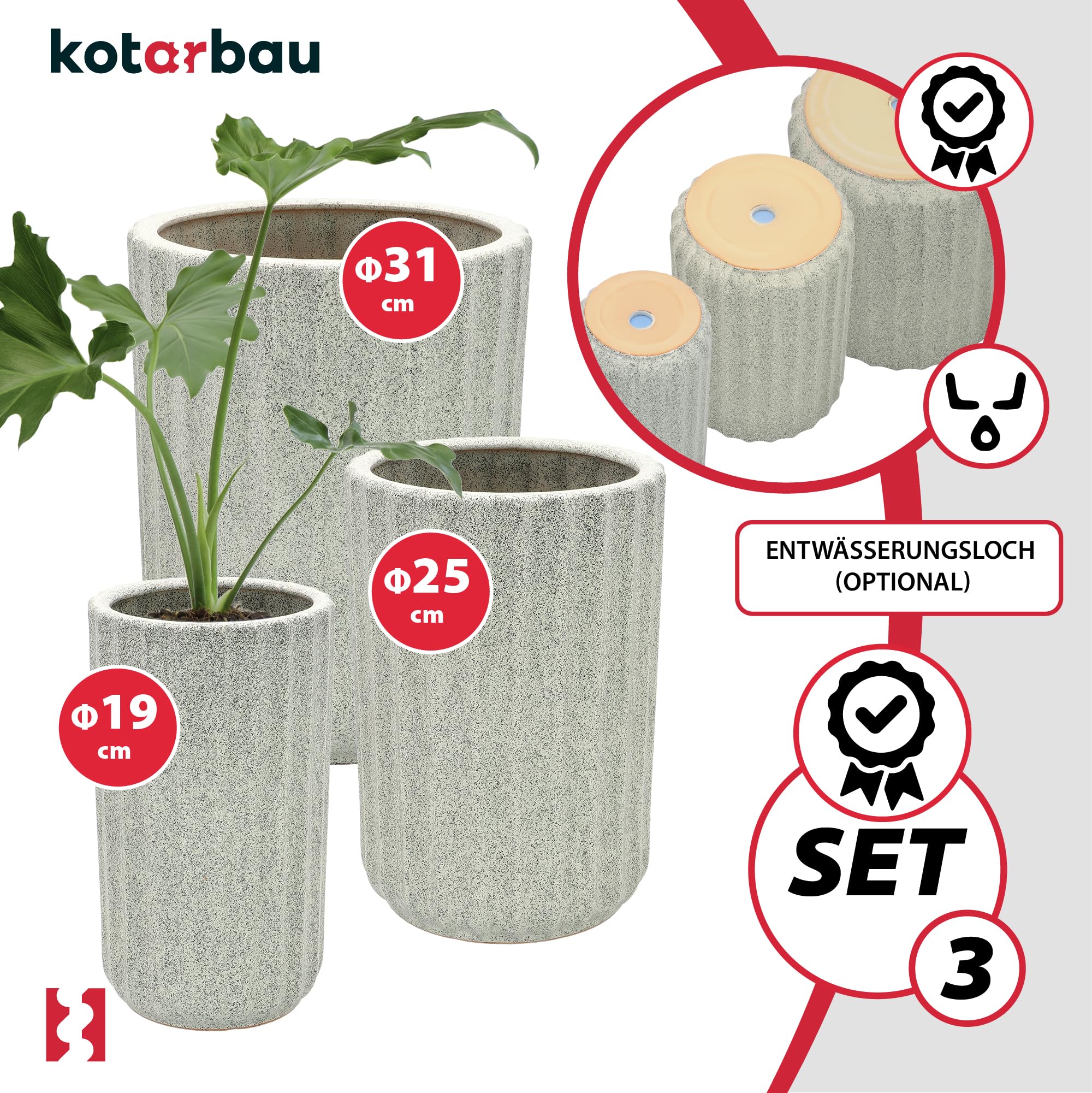 KOTARBAU® Set di 3 vasi da fiori in ceramica, diametro 19 cm, altezza: 41 cm, diametro: 25 cm, altezza: 44 cm, diametro: 31 cm, altezza: 47 cm, verde oliva, fiori in ceramica, per Zimmerp