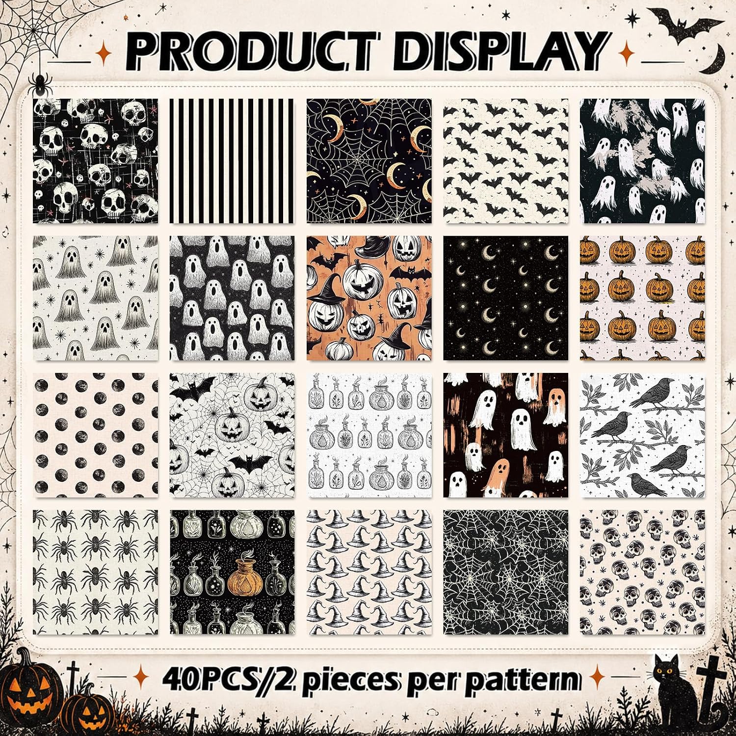 JarThenaAMCS 40 Pcs Halloween Fabric Squares, Skull Ghost Bat, 10 x 10 in image 2
