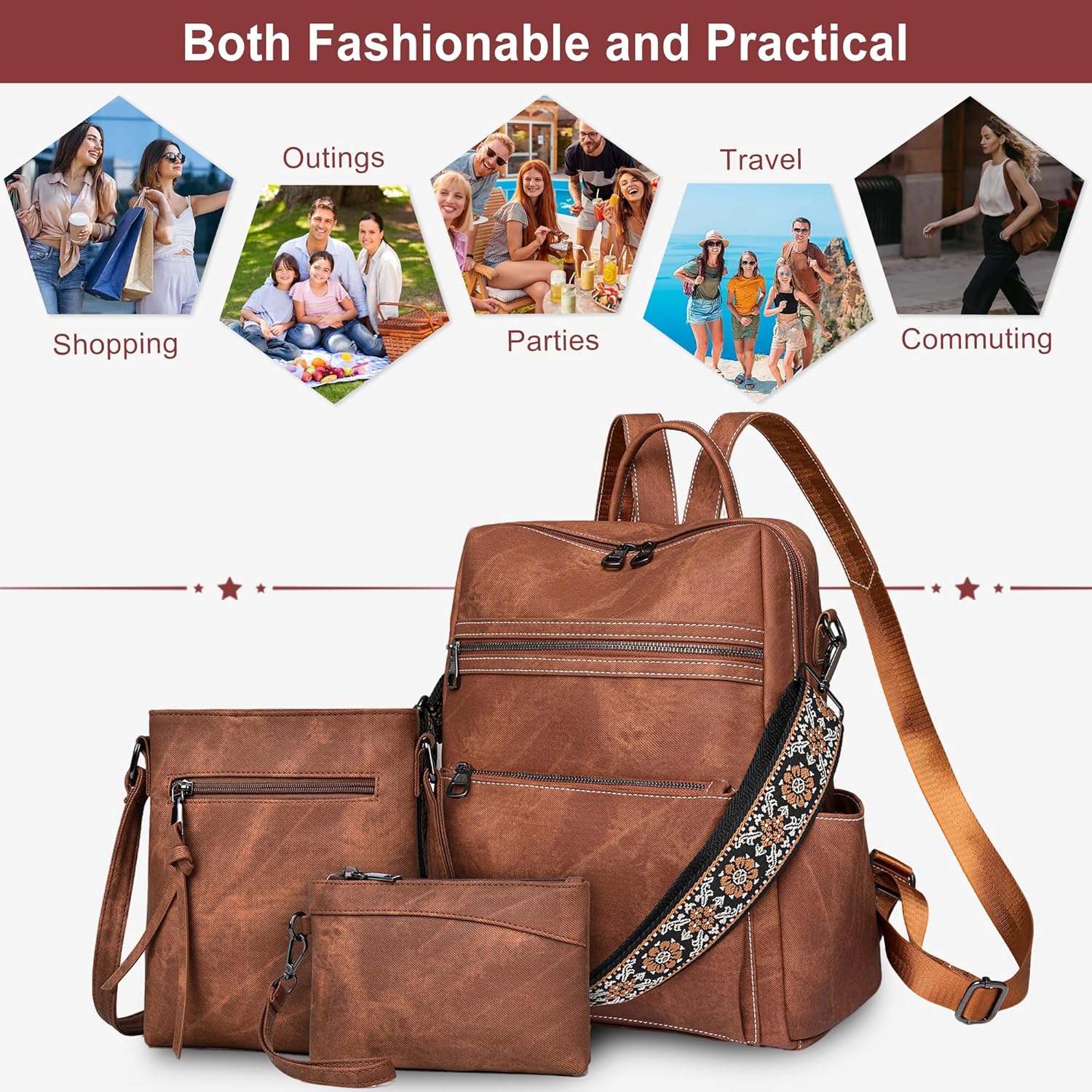 Backpack Purse for Women Pu Leather Travel Backpack Fashion Designer Shoulder Bag Ladies Convertible Handbags (Caramel) - Image 6