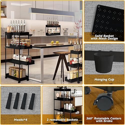 Miniatura 3 de SVOHZAV Carrito de almacenamiento delgado con rueda con cerradura, estantes de pie con cestas extraíbles, carrito rodante de 4 niveles, organizador