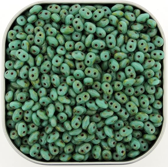 Czech SuperDuo Two-Hole Seed Crystal Beads 5.5x2.5mm Turquoise Green Travertin Dark 24 Gram