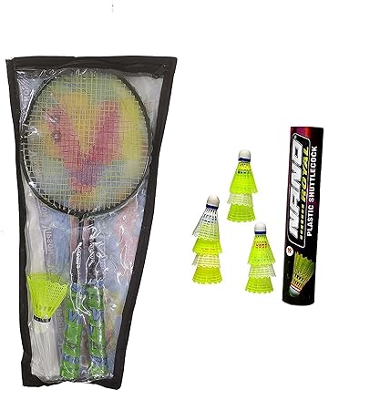 Bobby Sports Alloy Steel Badminton Racket Shin Chan Set of 2 Piece (1 Set) with 10 Piece Plastic Shuttlecock Nano Combo Pack for Boys, Girls & for Gifting Someone, Colour May Vary, Multicolour