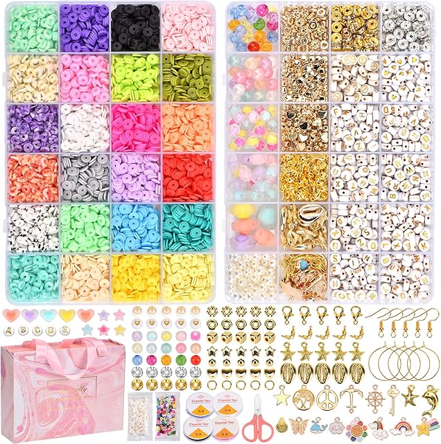 Polymer Clay Beads AUHOU 6650Pcs Flat Beads for Bracelet Making Kit, Heishi Beads with Letter Beads Matte Beads Rich Accessories, Preppy Beads for Jewelry Necklace DIY Craft Gift for Girls (2 Boxes)