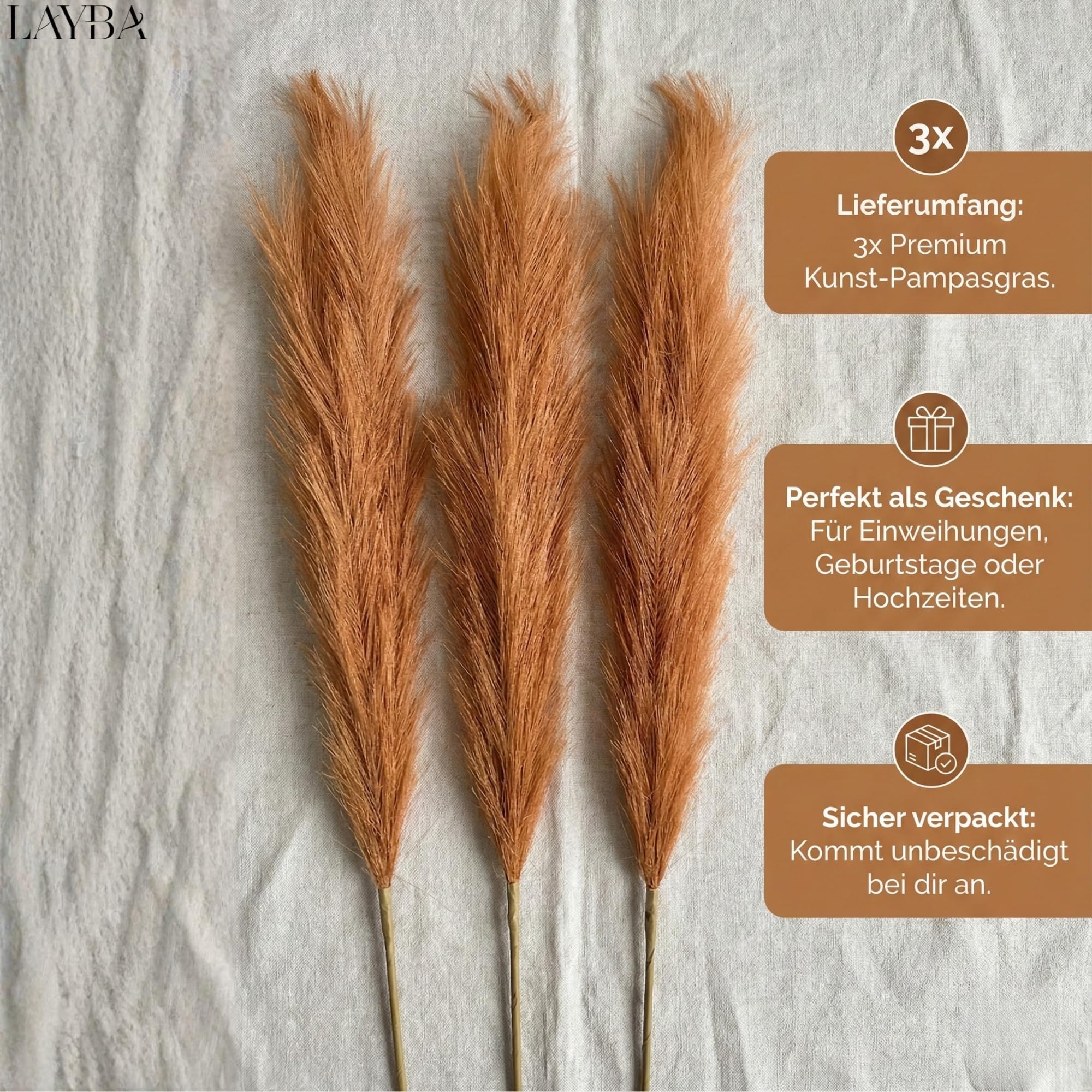 Herbe de la pampa - Lot de 3 herbes de la pampa artificielles - Doré/orange - Boho Chic XXL - 100 cm - Marron - Idéal pour la décoration de mariage, le salon et la chambre à coucher - Grande herbe