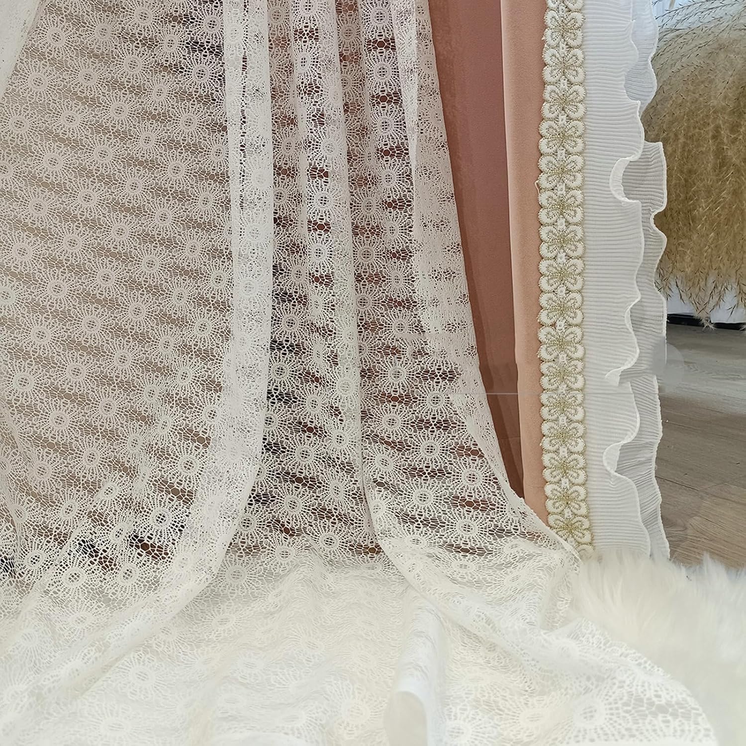 Daesar Voile Curtains 2 Panels Set, Polyester Rod Pocket Transparent Curtains 52" W x 63" H Drapes Solid Color Hollow Lace Sunflowers Beige Tulle Curtains for Bedroom Living Room