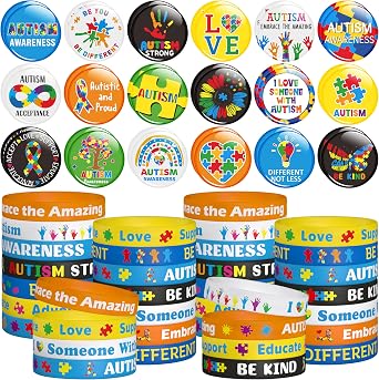 WATINC Ribbon Pins Accessories Set - 72Pcs Health Awareness Silicone Stretch Wristbands and Button Pin for Men Women