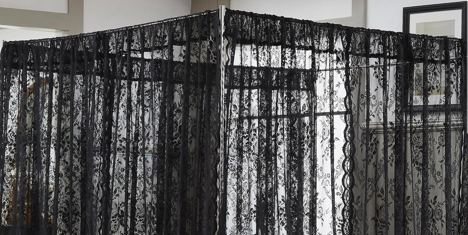 Warm Home Designs Lace Canopy Bed Curtains Set Consists of 8 48" x 78" Black Canopy Curtains with Tie-Backs. Queen Canopy Bed Curtains or King Bed Canopy Curtains for Gothic Bedroom Decor. LC Black