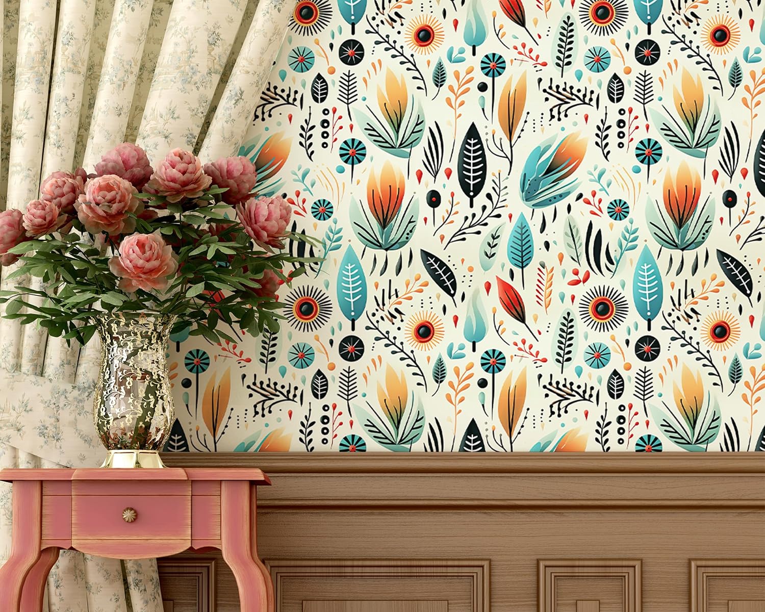 FLFK Boho Vintage Wallpaper Peel and Stick 16" x 384" Abstract Leaves and Flowers Removable Wall Paper for Kitchen Bathroom Bedroom Dining Room Accent Wall Decor
