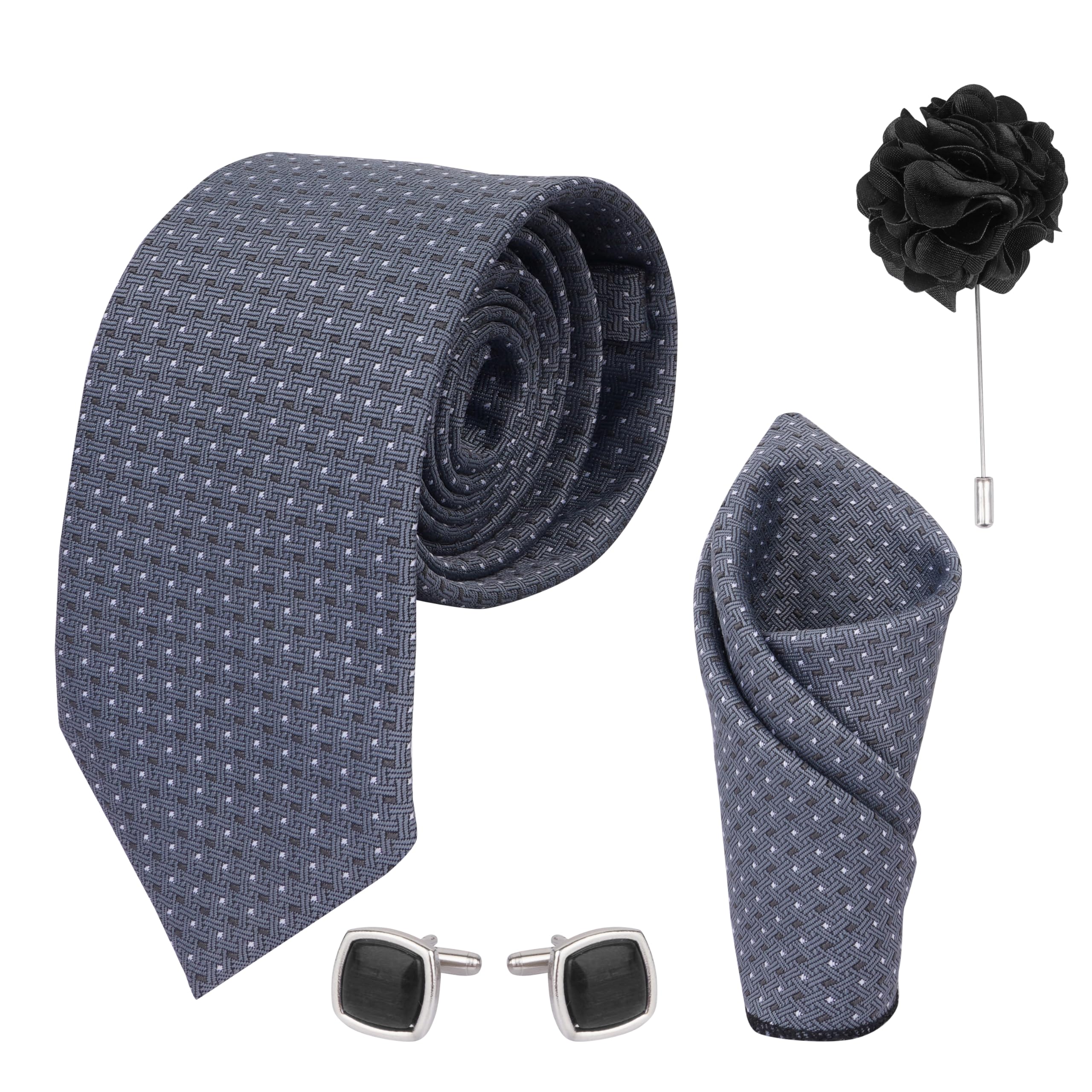 calixto Men's Microfibre Italian, Floral Printed Necktie Tie With Pocket Square,Lapel Pin,Cufflinks (Leatharite Gift Box) (Pack of 4) 15-picture-41