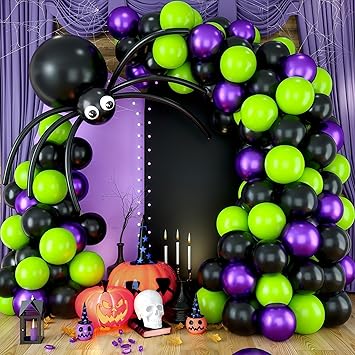Halloween Balloon Arch Garland Kit with Big Spider DIY Balloons, Matte Black Lime Green Purple Metallic Latex Balloons Garland with Eye Balloons for Halloween Party Home Garden Outdoor Decorations