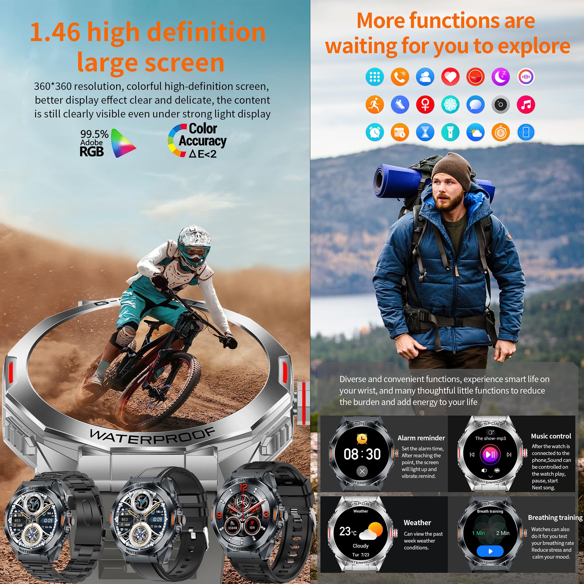 5ATM Montre Connectée Homme avec Appels Bluetooth, 1,46” AMOLED Smartwatch avec 123 Modes Sportifs/SpO2/Fréquence Cardiaque/Lecteur de Musique/Montre Intelligente Fitness pour Android iOS (Noir)