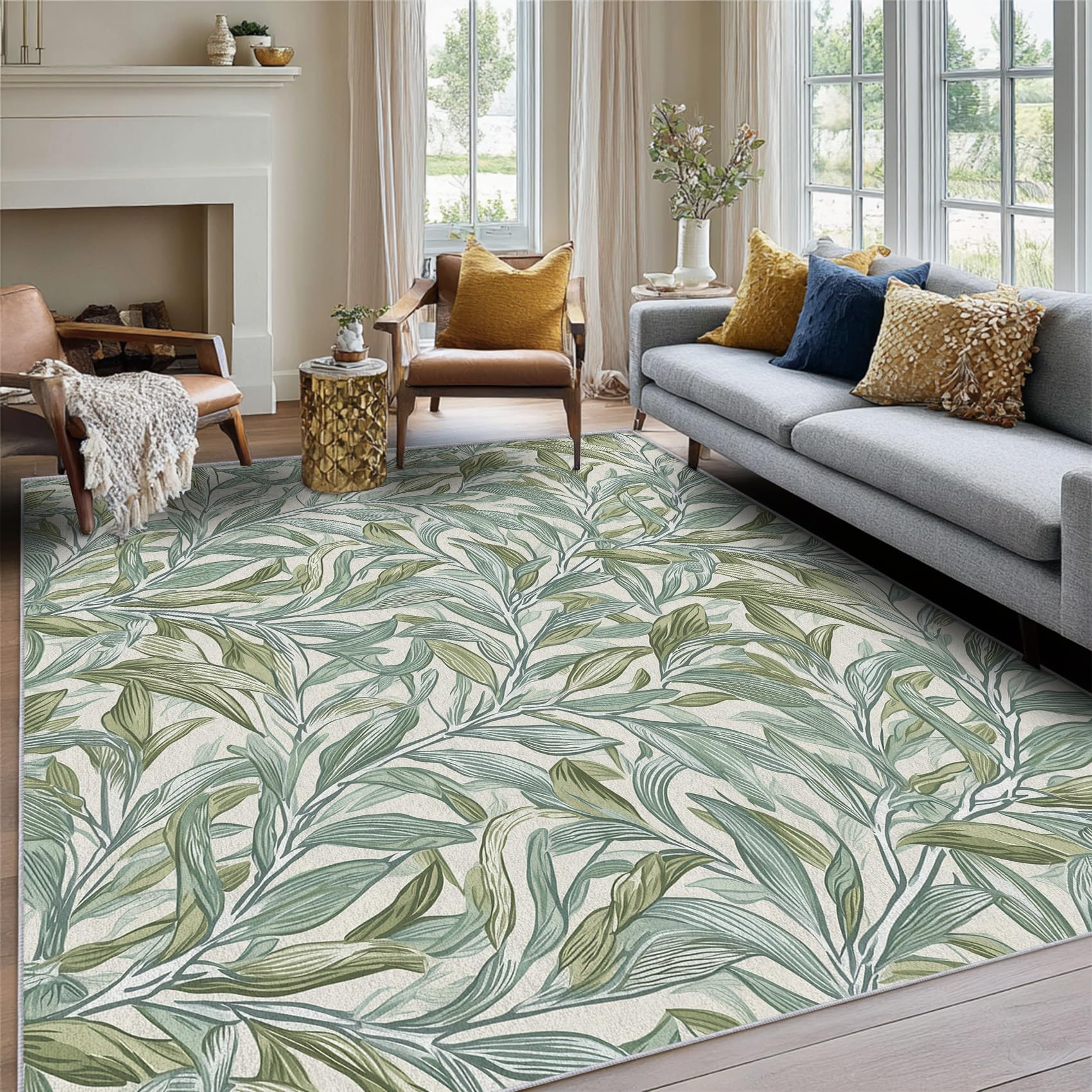 Générique Tapis Feuille, Tapis Salon Motif Feuilles Bottanique Vert Olive 200x250 cm, Pile Courte, Antidérapant, pour Carpette Chambre, Descente de Lit, Lavable Interieur, Decoration Maison A(850)
