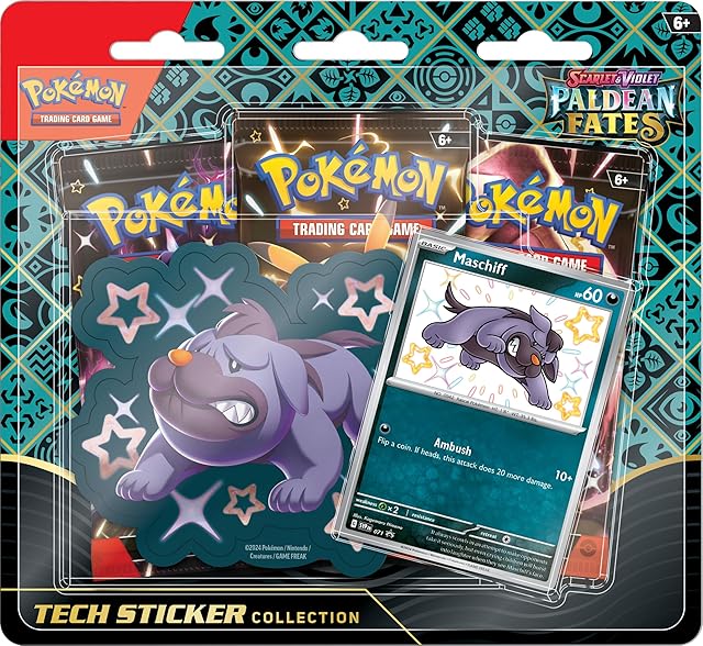 Pokémon TCG: Scarlet & VioletPaldean Fates Tech Sticker Collection  Maschiff (1 Foil Promo Card & 3 Booster Packs)
