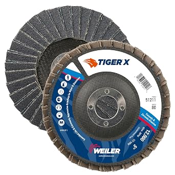 Weiler 51211 Tiger X Flap Disc, Ceramic and Zirconia Alumina, Angled, Phenolic Backing, 80 Grit, 5", 7/8" Arbor Hole, Made in The USA Pack of 10