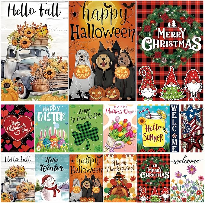 Seasonal Garden Flags Set of 12 Double Sided 12 x 18 Inch, Small Yard Flags for Outside, Summer Fall Garden Flag, Christmas Halloween Winter Outdoor Flag, Holiday Garden Decorations for All Season