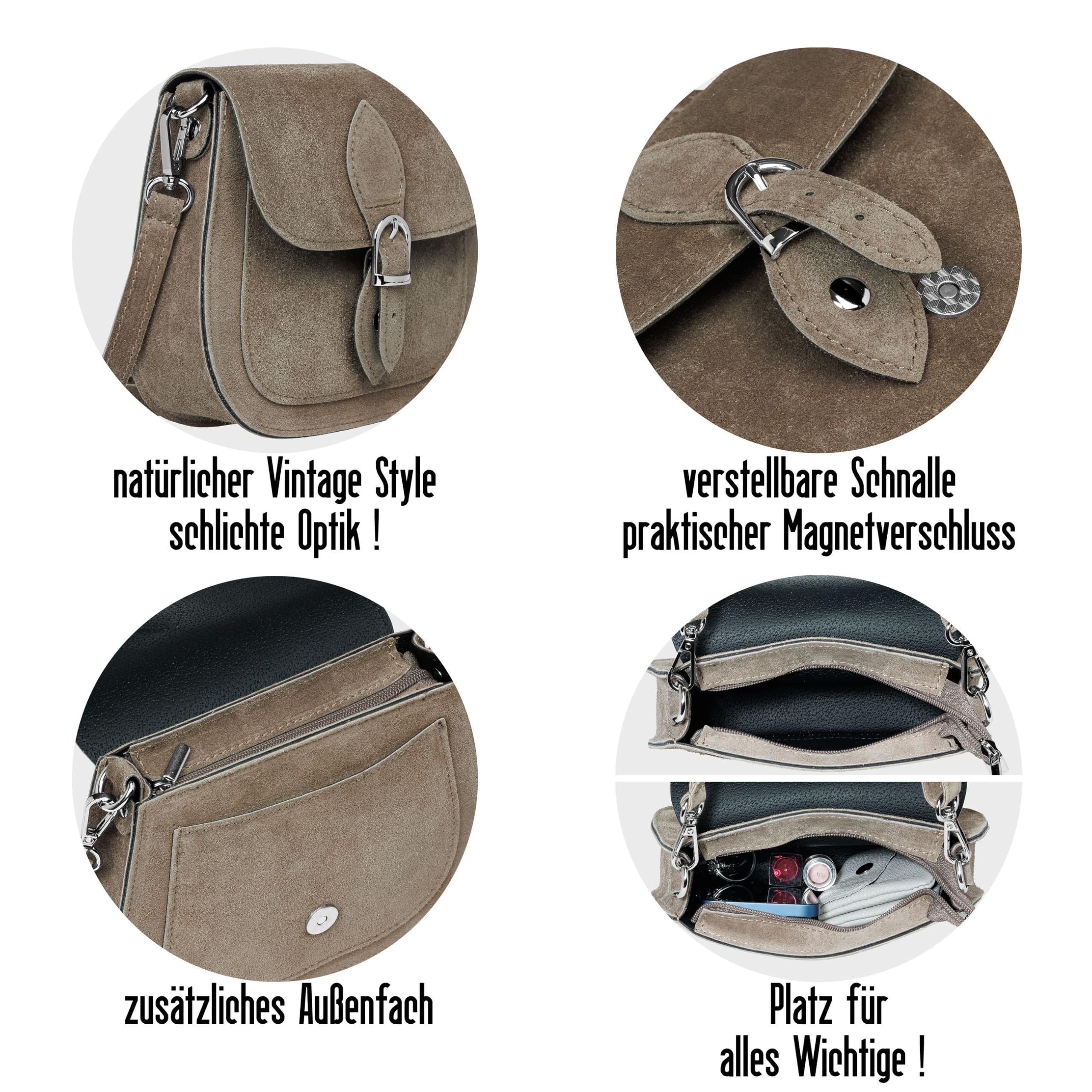 Caspar Leder Umhängetasche Dirndltasche Vintage Tasche kleine Trachtentasche Damen Handtasche aus Wildleder - CLASSIC LINE - Modell No.831 - Made in Italy