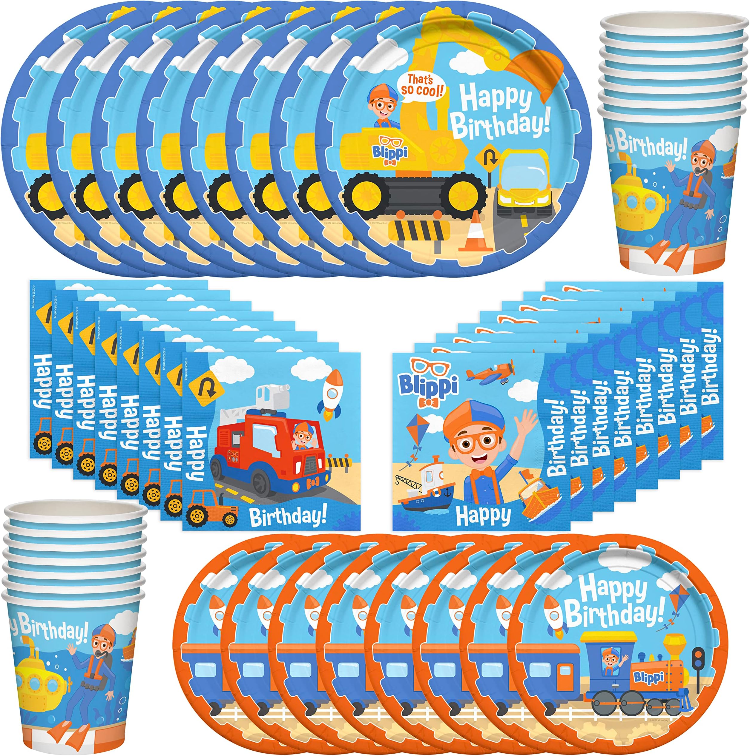 Treasures Gifted Officially Licensed Blippi Birthday Party Supplies - Serves 16 Guests - Blippi Vehicle Dinnerware Classic Set - Blippi Party Supplies - Blippi Plates, Blippi Cups & Blippi Napkins