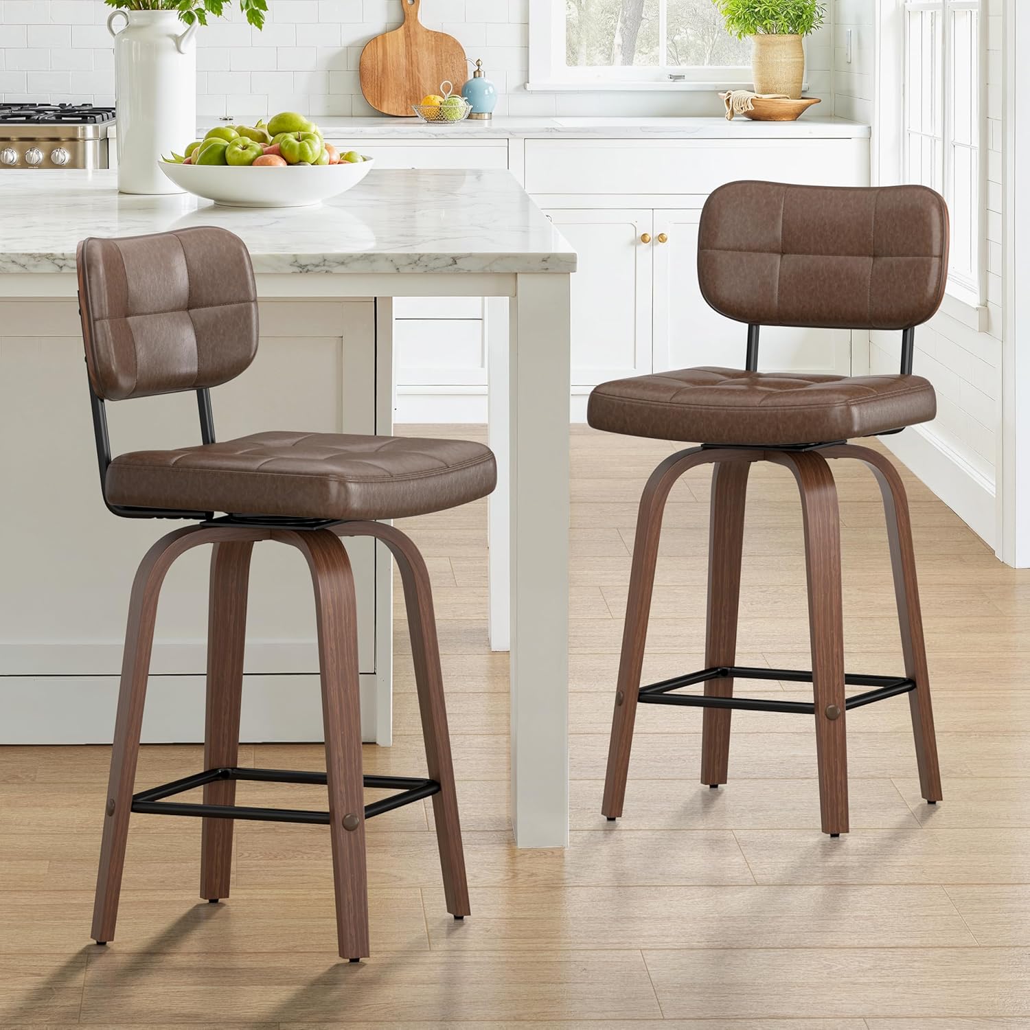 Swivel Bar Stools Set of 2 26 Inch PU Leather Counter Height Stools Bentwood Back and Frame Bar Stools for Kitchen Island Red Brown