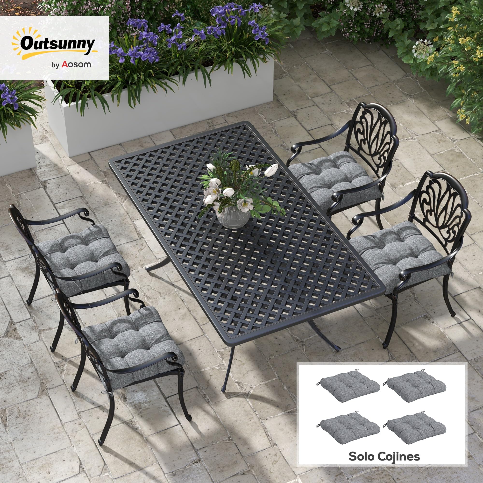 Outsunny Conjunto de Cojines para Sillas de Comedor 48x48x10 cm Juego de 4 Piezas Cojines para Sillas de Jardín Impermeable y Anti-UV con 2 Cordones de Fijación Gris