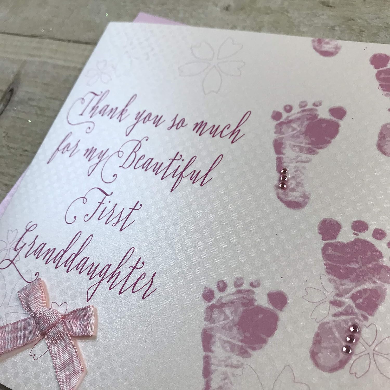 WHITE COTTON CARDS Welcome to my 1st Granddaughter handmade Baby card- Pink Footprints WB301-MY