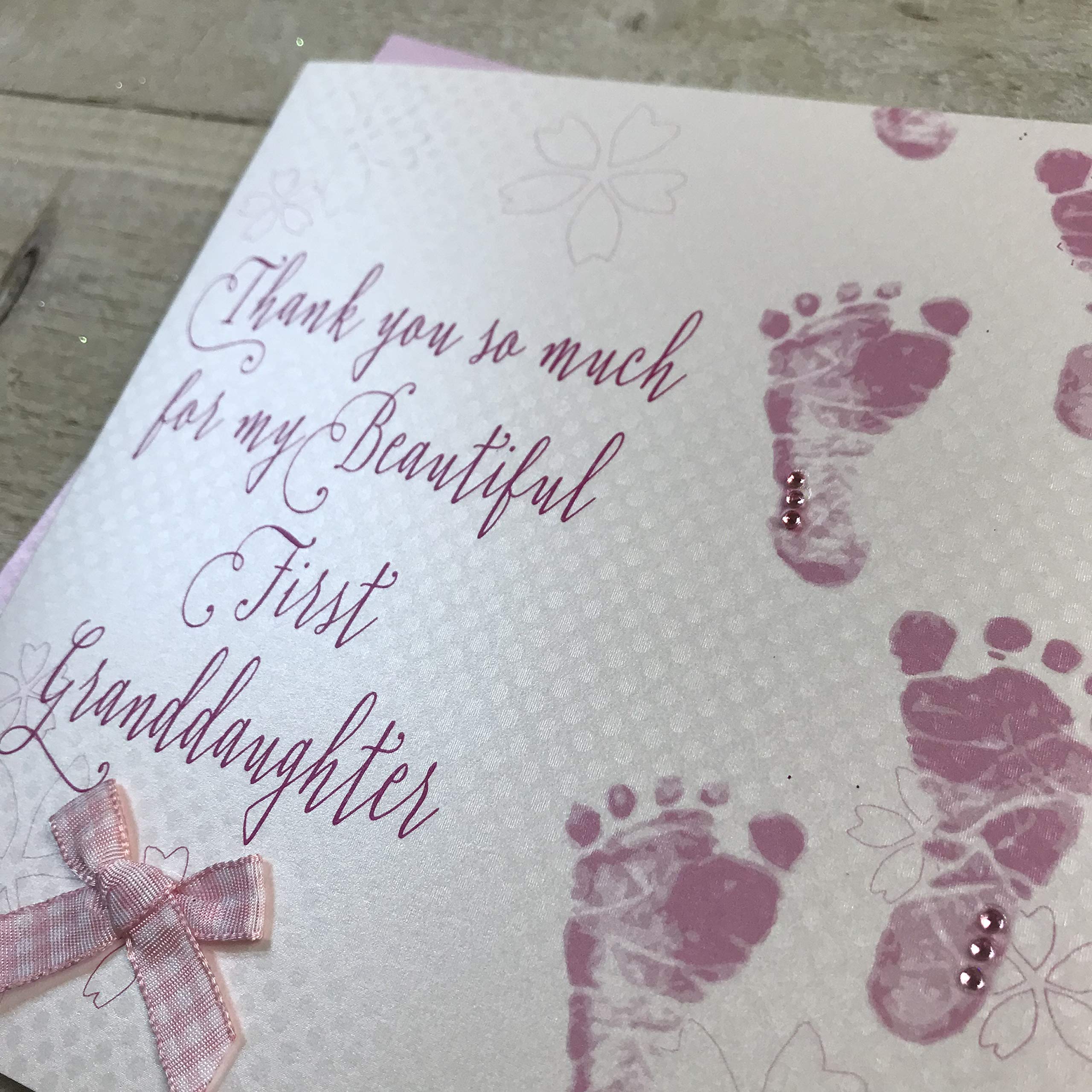 WHITE COTTON CARDS Welcome to my 1st Granddaughter handmade Baby card- Pink Footprints WB301-MY, 16cm x 16cm - Image 2