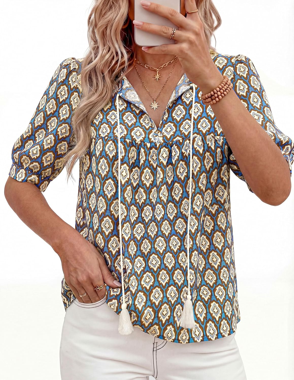 PRETTYGARDEN Womens Summer Boho Tops 2026 Vacation Outfits Casual Tie Front V Neck Peasant Blouses Puff Short Sleeve Shirts - Image 6