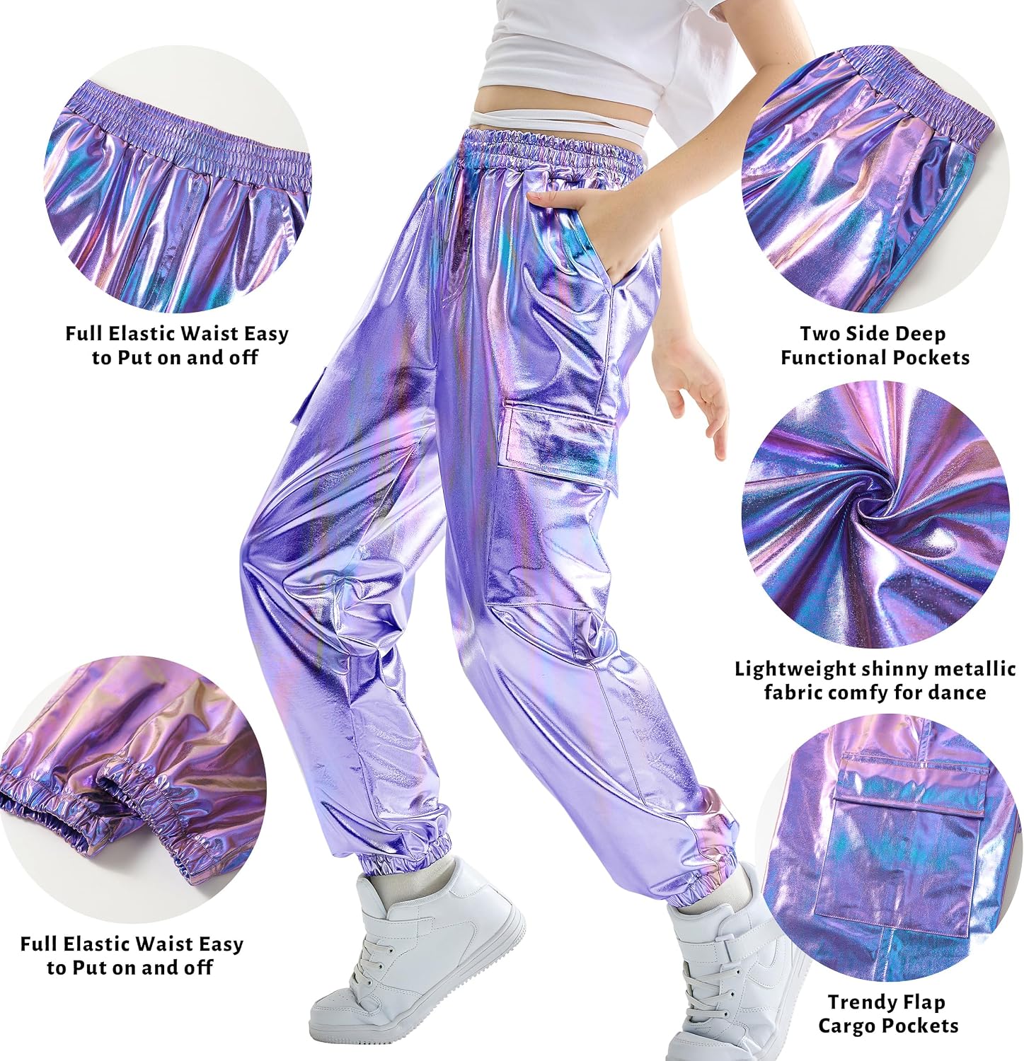 Rolanko Girls Shiny Metallic Cargo Pants, Sparkle Jogger Pants for Girls Hip Hop Dance Streetwear Cargo Trousers 6-15 Years