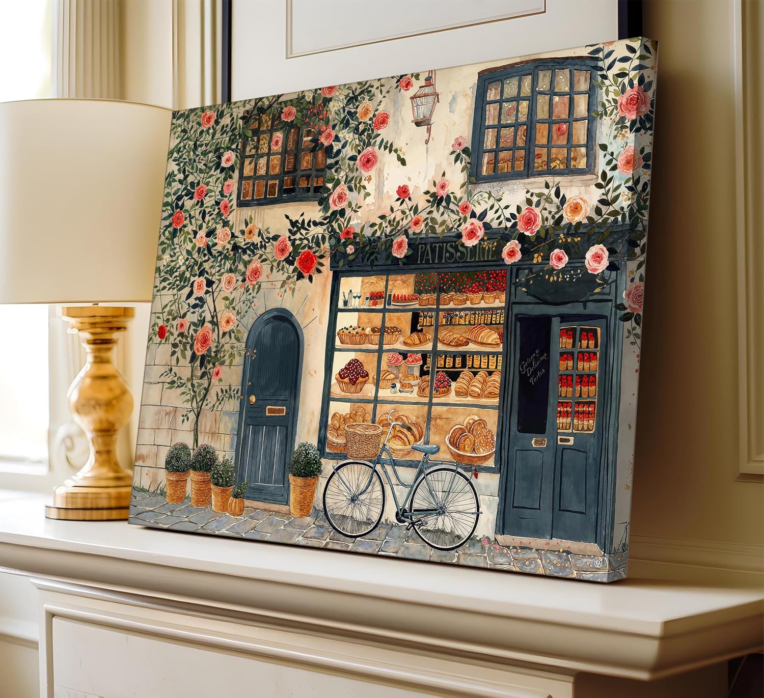 vintage kitchen canvas wall art french patisserie bakery pictures wall decor rustic farmhouse cafe posters breakfast pastry food painting print artwork for dining room restaurant coffee bar, framed bakery 24l''x16w''