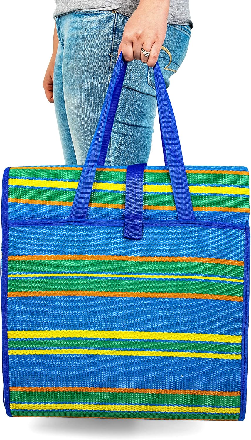 Camco 9'x12' Handy Mat with Strap | Perfect for picnics, Beaches, RVing and outings | Reversible Blue, Green and Yellow Striped Pattern (42816)