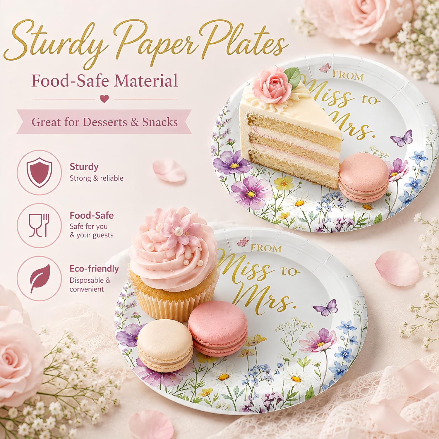 50 Pack Miss to Mrs Paper Plates 7 Inch, Floral Bridal Shower Decorations Disposable Wildflower Decorative Dessert Plates Tableware Set for Bridal Shower Wedding Shower Party Supplies (Miss to Mrs) image 5