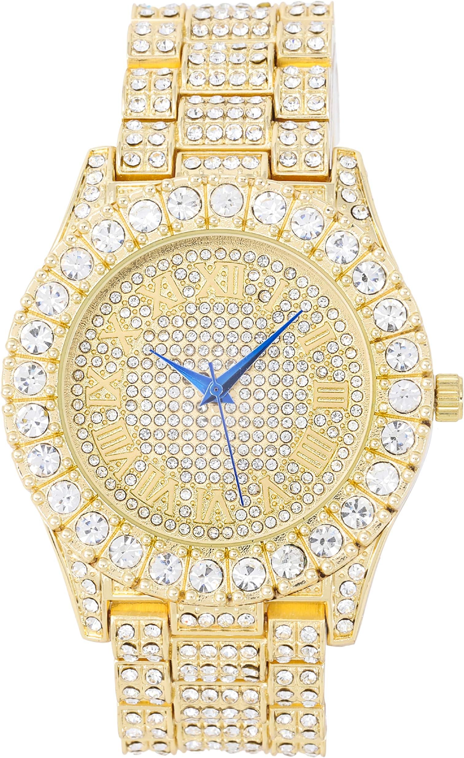 Charles Raymond Bling-ed Out Round Metal Mens Color on Blast Gold Tone Watch with Diamond Time Indicators - Ice on Fire!!! - ST10327DxxS (Classic Gold - Gold)