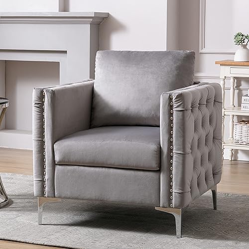 Harper & Bright Designs Sillón moderno de terciopelo, con botones copetudos, silla de club con patas de acero para sala de estar, dormitorio, gris