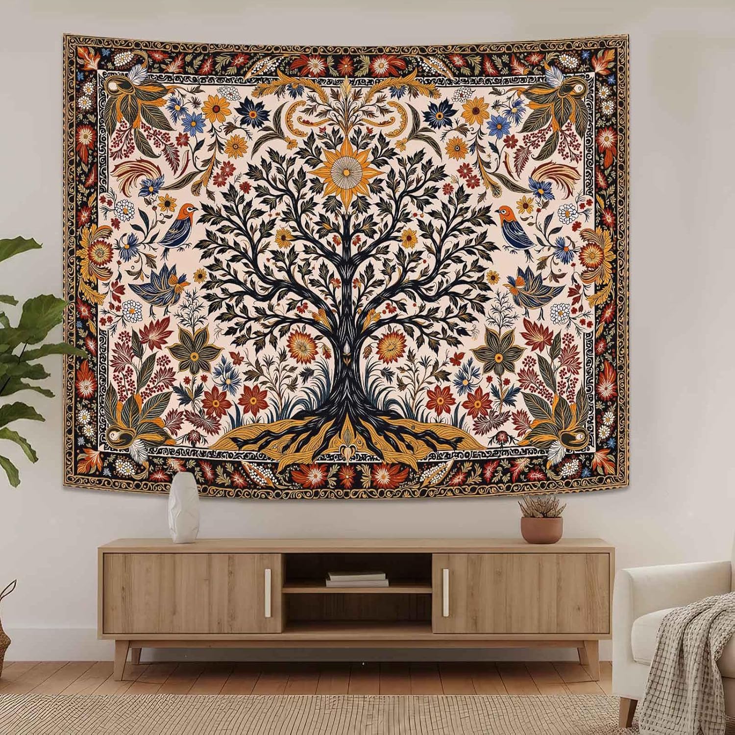 Lunerfex Folk Art Wall Tapestry - Tree of Life with Sun and Bird Wall Hanging for Bedroom and Living Room - Boho Floral Tapestries 80"x60"