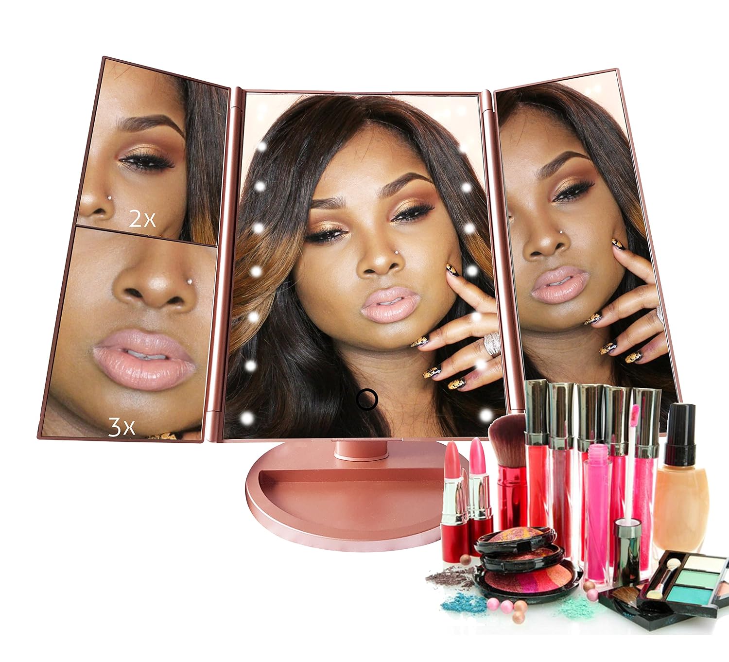 Makeup Vanity Mirror with LED Lights BUNDLE 7 Piece Bonus Brush Set Magnification 1x2x3 Portable Trifold Lighted Mirrors Dual Power Xtra Long USB Cable (Rose Gold)