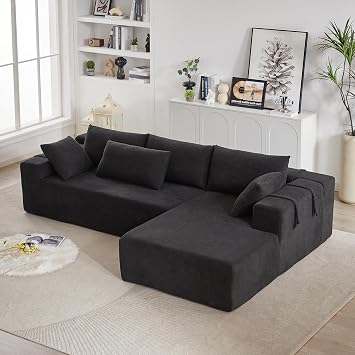 108" Modular Sofa Couch Convertible Sectional Sofa for Living Room Bedroom, Modern Chenille Upholstered Sectional Sofa Couch Set, L-Shaped Couches with 6 Pillows for Home Office, BlackRight Chaise