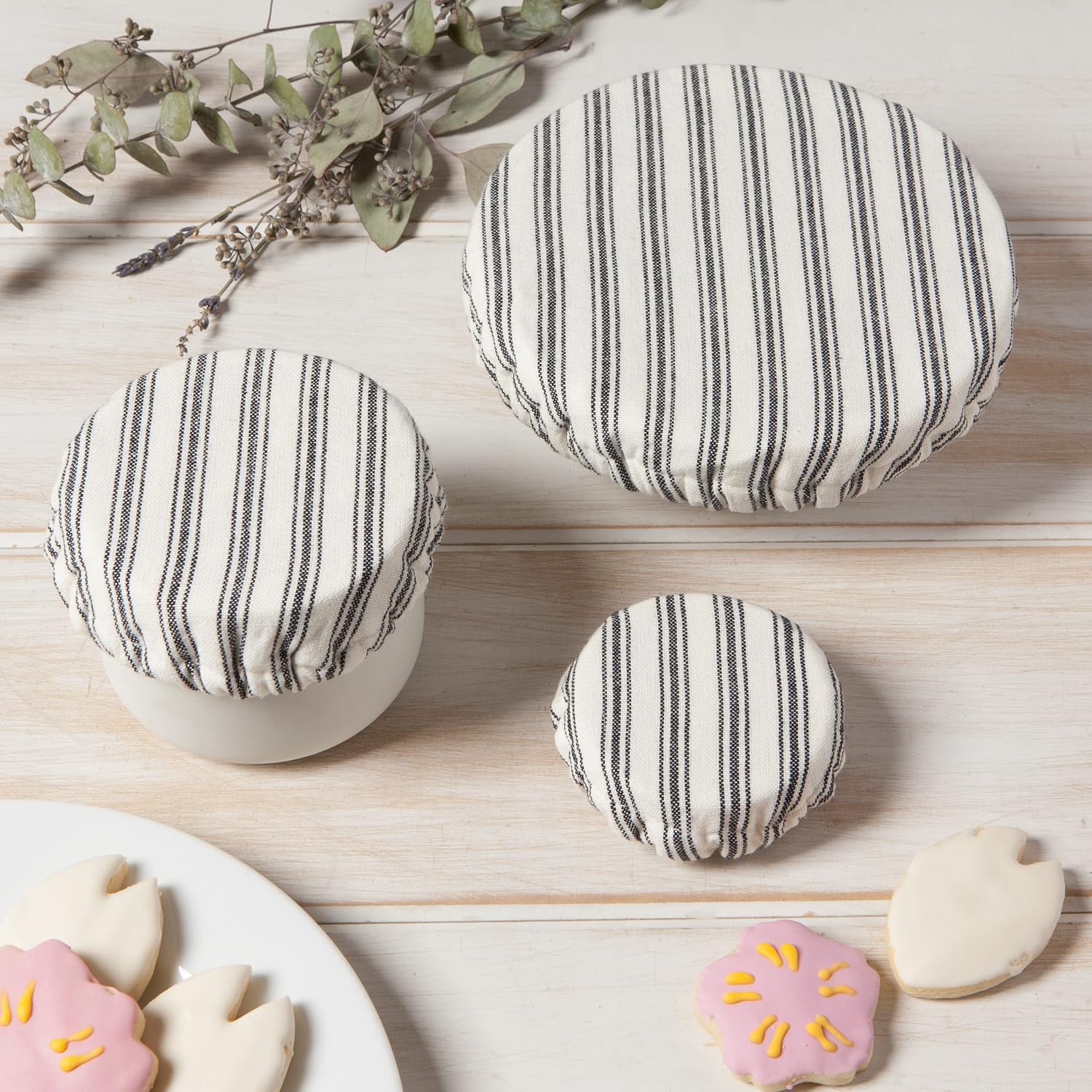 Now Designs Ticking Stripe Save It Reusable Cotton Mini Bowl and Jar Covers 3.5 inches, 4.5 inches and 6.5 inches, Set of 3