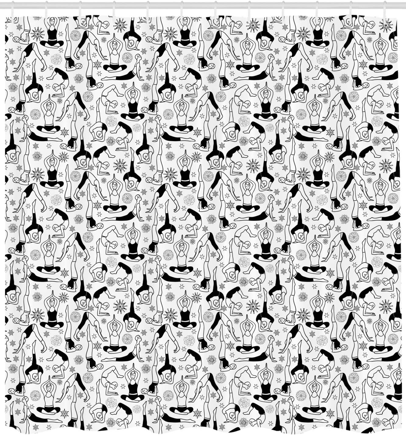 Ambesonne Yoga Shower Curtain, Monochrome Poses from Eastern Meditation Technique East Stars Flowers Motifs, Cloth Fabric Bathroom Decor Set with Hooks, 69" W x 70" L, Black White