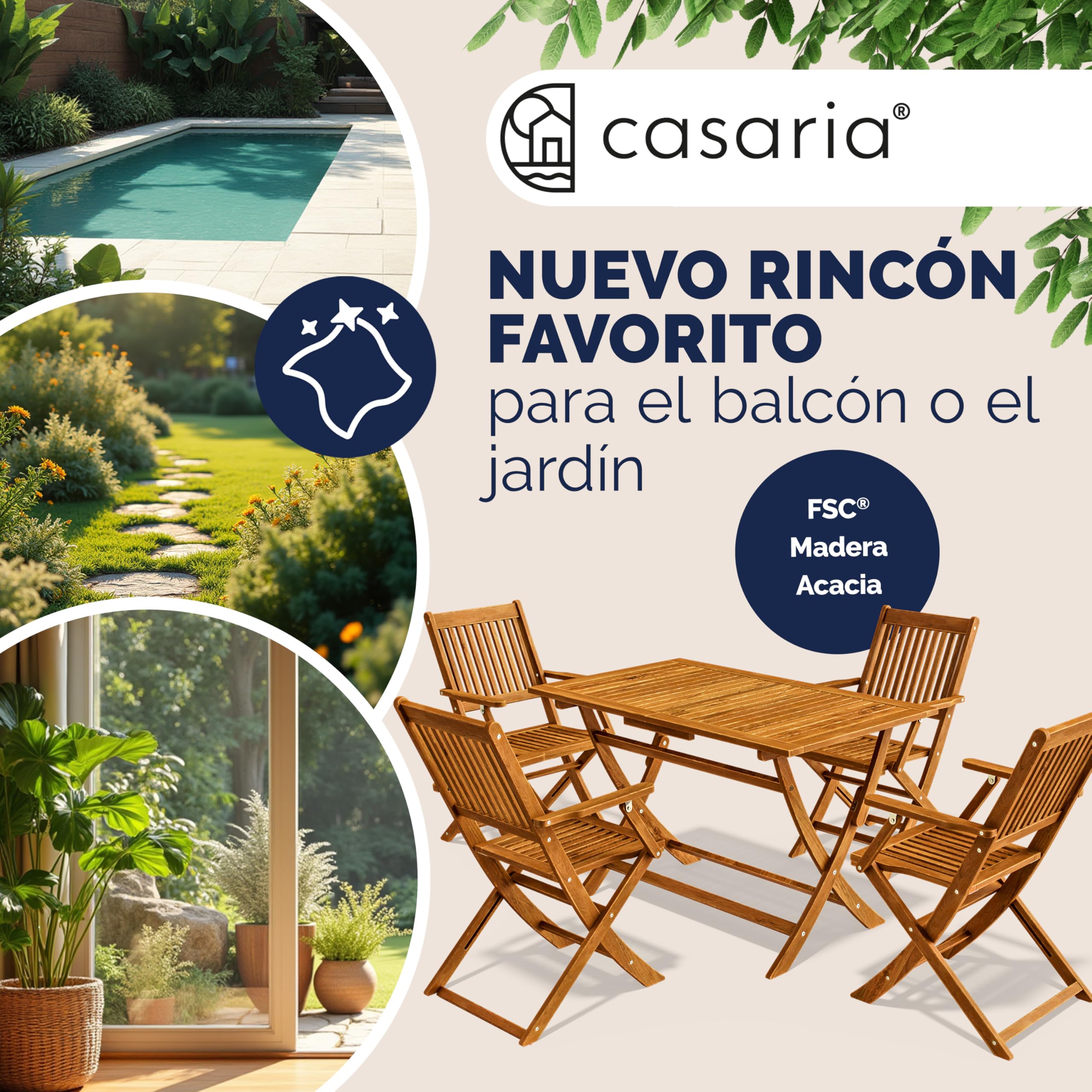 CASARIA® Conjunto Jardín Exterior Mesa 4 Sillas Madera Acacia FSC® Juego Comedor Patio Terraza Balcón Set 5 Piezas Tablero Asientos Plegables Reposabrazos Resistente Intemperie Robusto 120x70cm