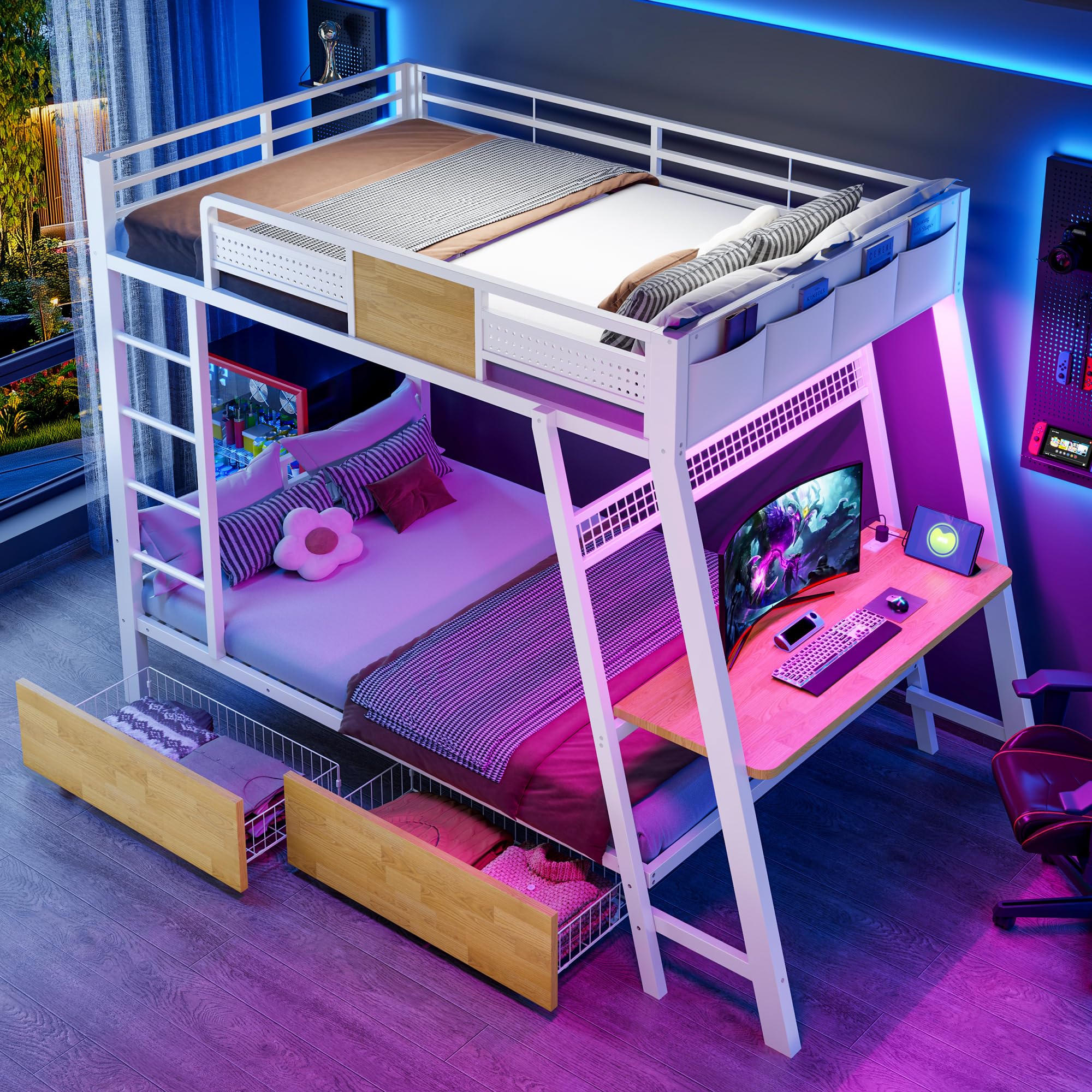 Azkoeesy Letto a castello in metallo resistente con scrivania e presa USB, cassetti su ruote, luci LED RGB con controllo App, Pannello a griglia, per adolescenti e adulti, colore bianco, 90x200 cm