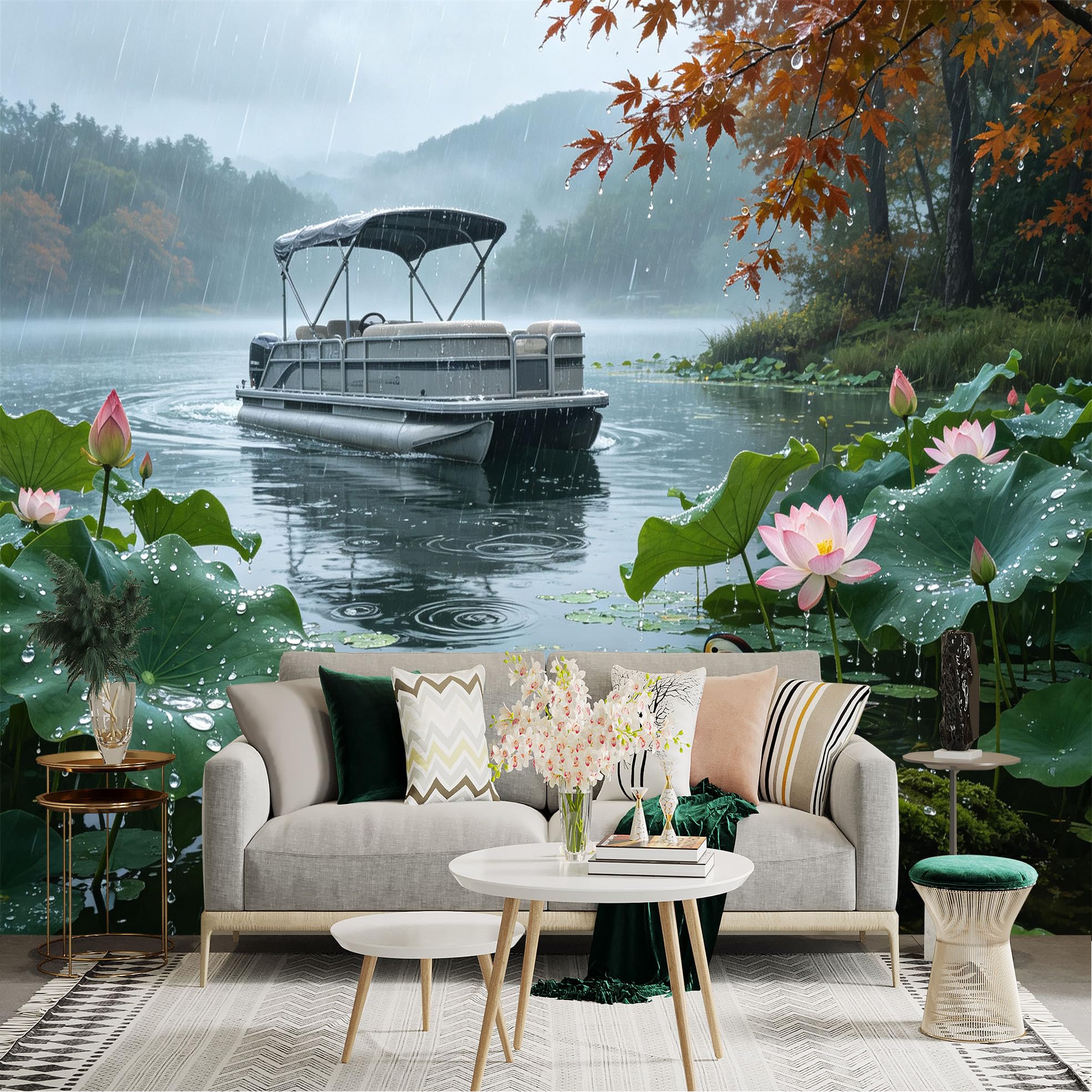 Custom Size Wall Sticker Mural， Rainy Lake Scene with Pontoon Boat， Blooming Pink Lotus Flowers， Swimming Waterfowl， Misty Forest Backdrop， for wall Decoration， peelandstick wall Decals.