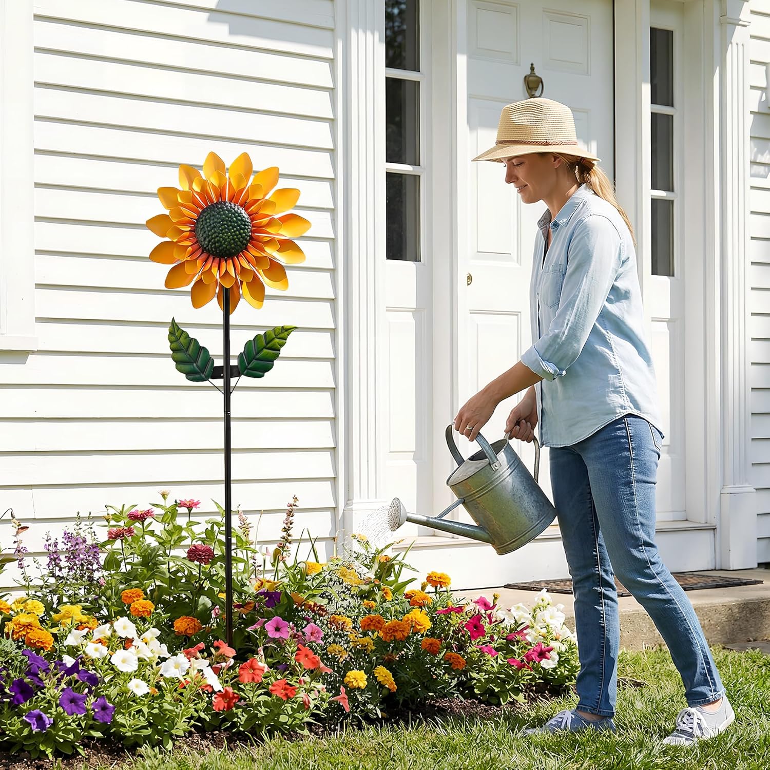 Sunflower Solar Wind Spinners for Yard and Garden - 52" Metal Windmill Ligths with LED Wind Sculptures with Stake for Lawn Patio Decor