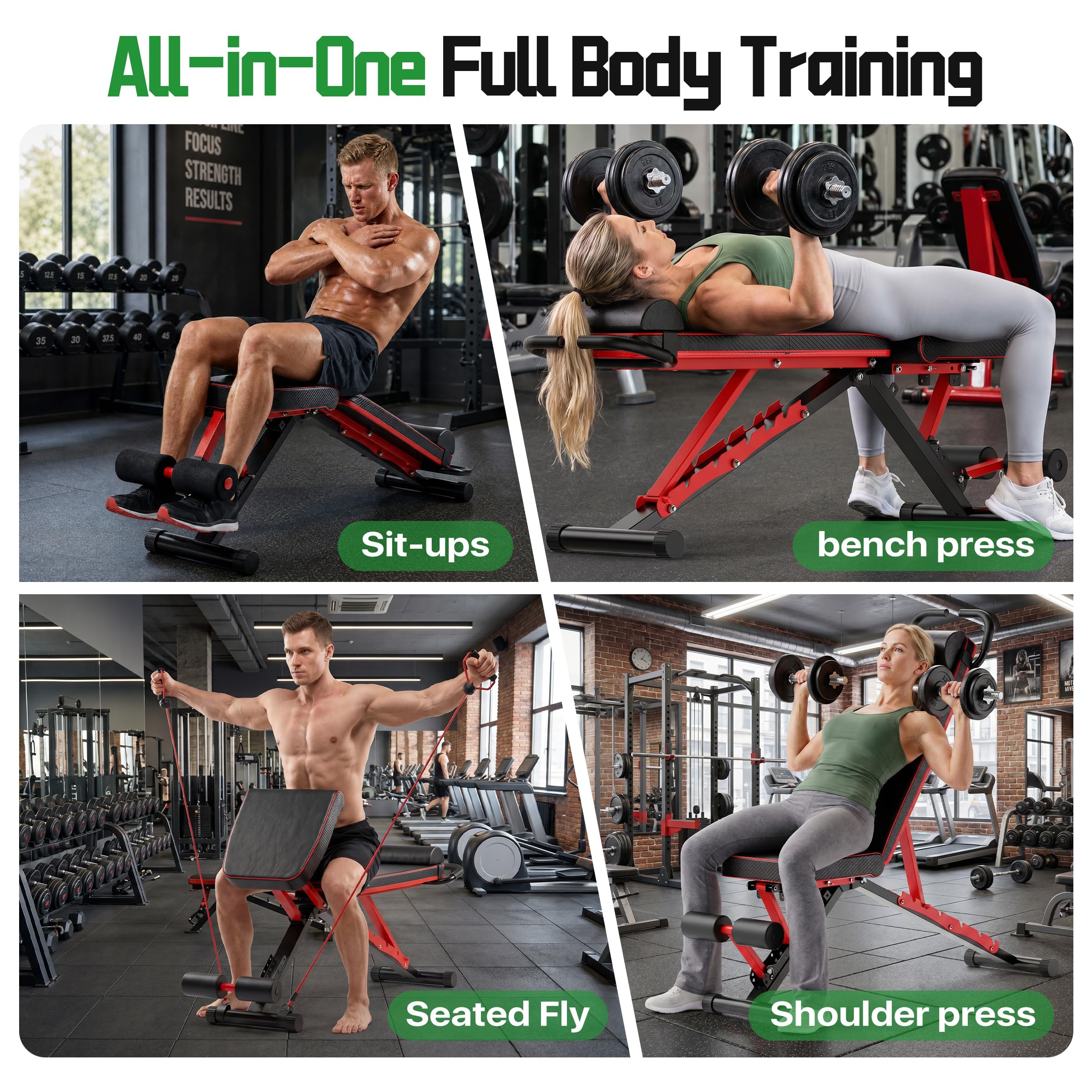 Workout Bench for Home Gym - Folable Adjustable Bench, 98% Pre-Assembled | 1300 LBS, 7-Level Adjustable Back, Compact, Extra-Long Backrest Gym bench for Strength Training Fitness Equipment